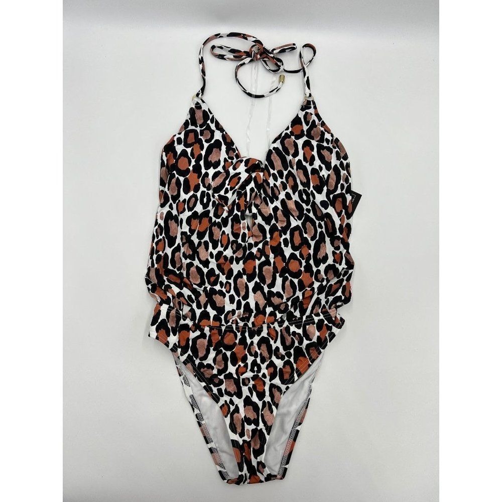 Bar III Womens Leopard Print Halter One-Piece Swimsuit Brown Black Size XS NEW